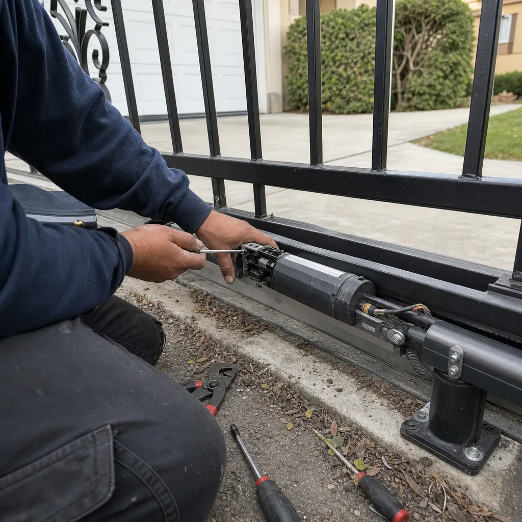 Technician performing electric gate motor repair and maintenance