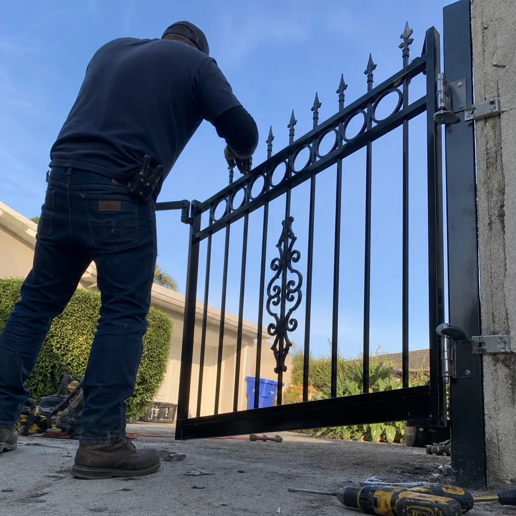 Professional gate installation technician working on a custom black metal fence.