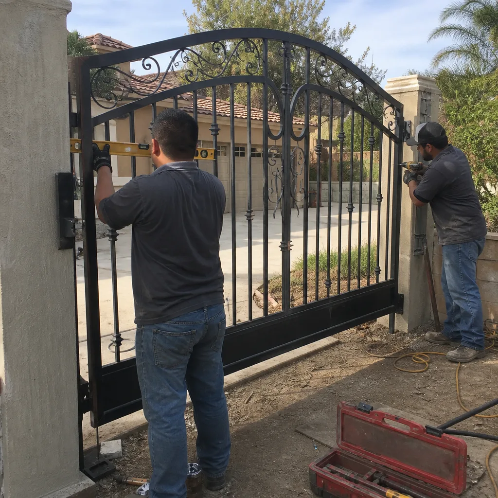 Two professional contractors installing a decorative wrought iron gate