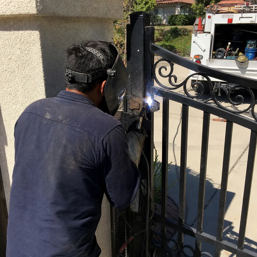 Professional welder performing iron gate repair service