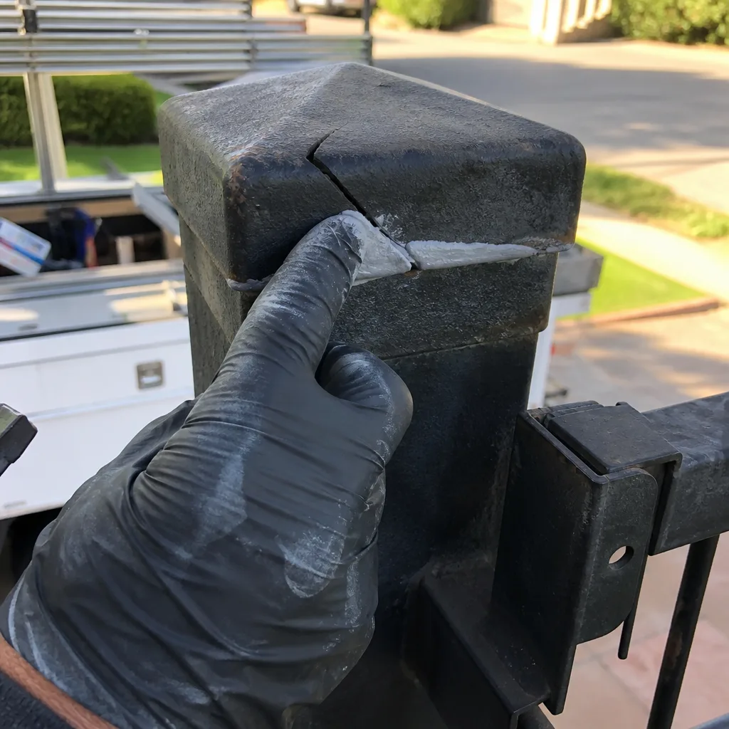 Professional technician performing gate post repair with adhesive filler