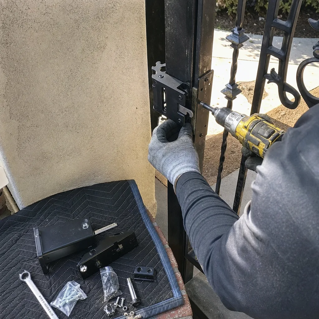 Professional technician installing a gate lock with a power drill.